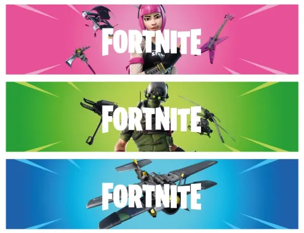 Obdélníkový jedlý obrázek na dort – Fortnite, tři barevné pruhy a kytaristka (růžová, zelená, modrá)