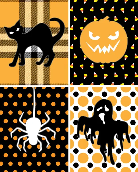 Obdélníkový jedlý obrázek na dort – Halloween, kočka, dýně, pavouk a duch (žlutá, černá, bílá)