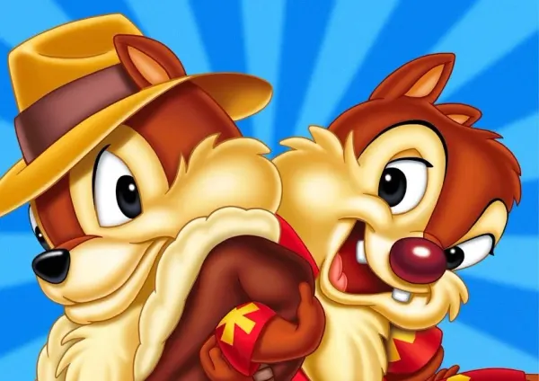 Obdélníkový jedlý obrázek na dort – Rychlá rota, Chip a Dale, modré paprsky (modrá, hnědá, žlutá)