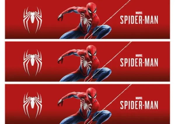 Obdélníkový jedlý obrázek na dort – Spiderman, červené pruhy s logem Marvel (červená, modrá, bílá)