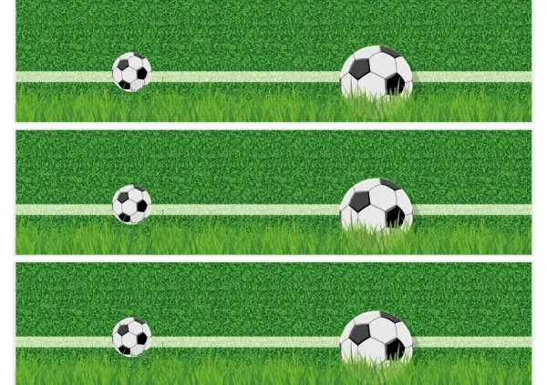 Obdélníkový jedlý obrázek na dort – Fotbal, trávník, lajna a dva míče na pásu (zelená, bílá, černá)