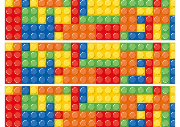 Obdélníkový jedlý obrázek na dort – LEGO, barevné pruhy z kostiček (červená, modrá, žlutá)