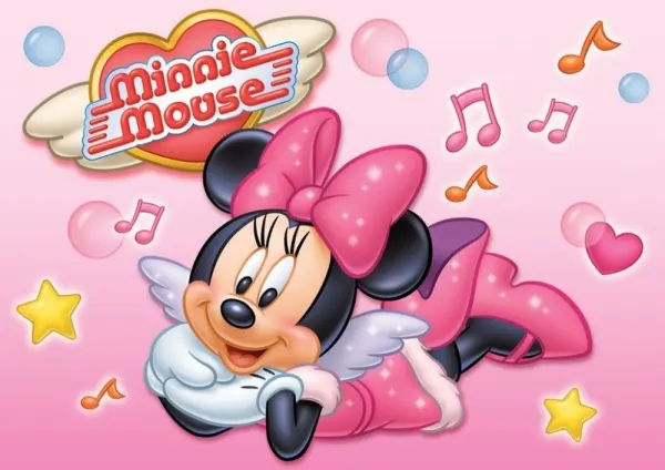 Obdélníkový jedlý obrázek na dort – Minnie, s křídly, notami a bublinami (růžová, bílá, žlutá)