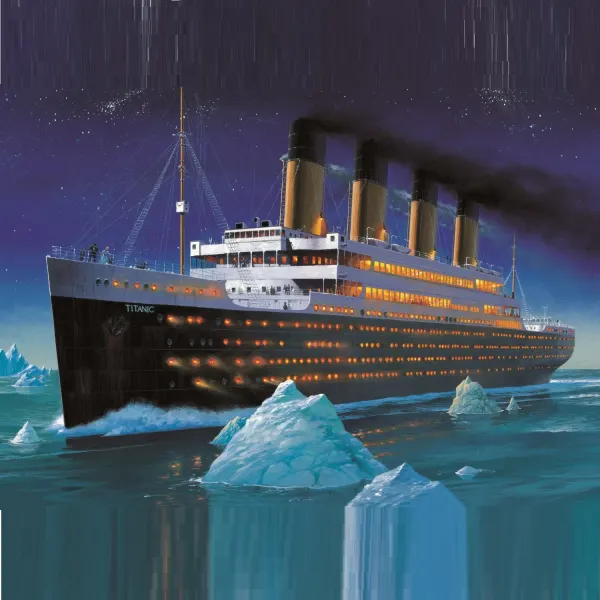 Kulatý jedlý obrázek na dort – Loď, Titanic, tvar čtverec (modrá, černá, bílá)