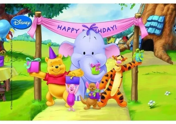 Obdélníkový jedlý obrázek na dort – Medvídek Pú (zelená, žlutá, fialová)