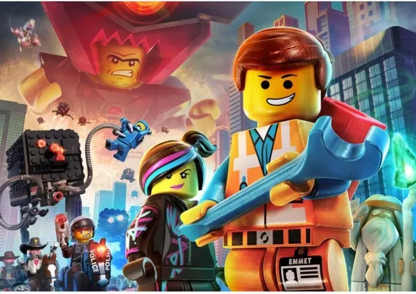 Obdélníkový jedlý obrázek na dort – LEGO, Emmet, Hustěnka a Lord Byznys (žlutá, modrá, červená)