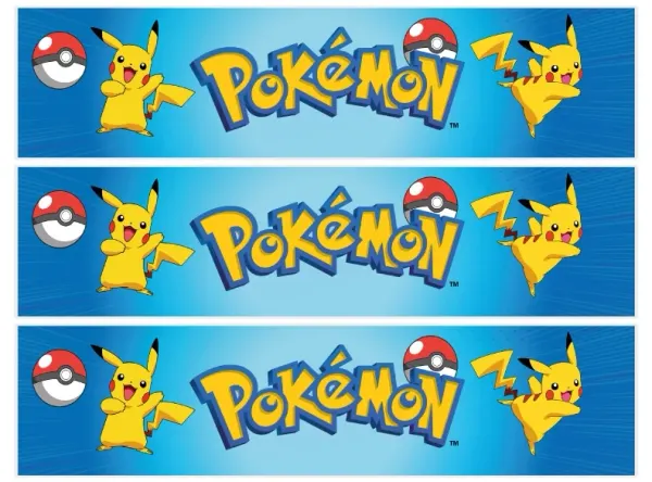 Obdélníkový jedlý obrázek na dort – Pokémon, pásy s Pikachu a Pokébally (modrá, žlutá, červená)