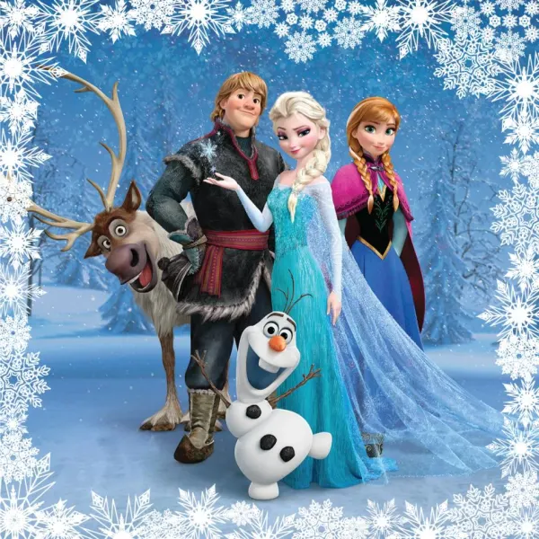 Obdélníkový jedlý obrázek na dort – Frozen, Parta přátel ve vločkovém rámu (modrá, bílá, tyrkysová)
