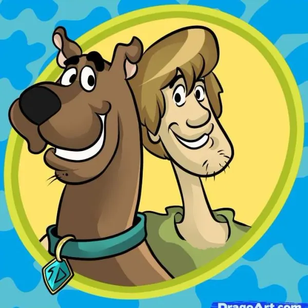 Kulatý jedlý obrázek na dort – Scooby Doo, Scooby a Shaggy ve žlutém oválu (modrá, hnědá, žlutá)