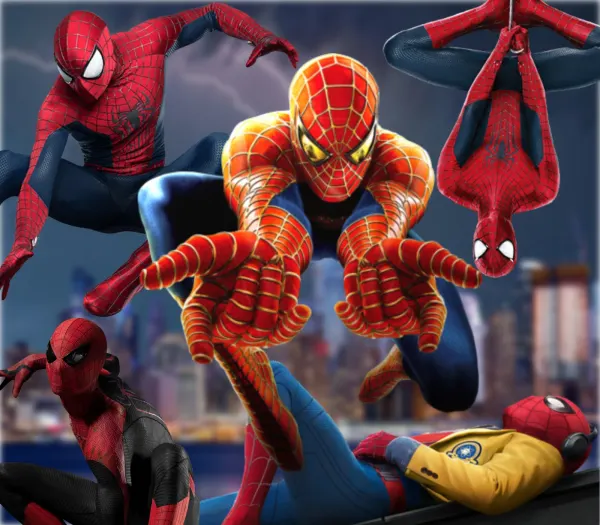 Obdélníkový jedlý obrázek na dort – Spiderman, noční velkoměsto a akční pózy (červená, modrá, černá)