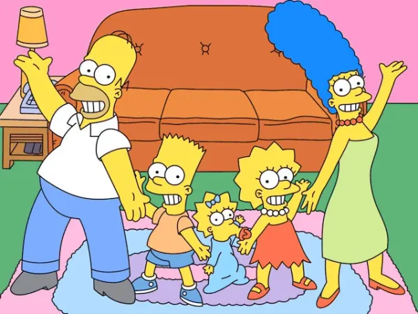 Obdélníkový jedlý obrázek na dort – Simpsonovi, mávající rodina před gaučem (žlutá, modrá, růžová)