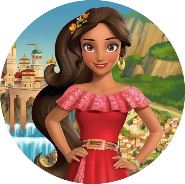 Kulatý jedlý obrázek na dort – Elena z Avaloru, princezna a palác s vodopádem (červená, modrá, hnědá)