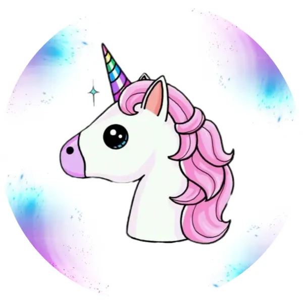 Kulatý jedlý obrázek na dort – Jednorožec, Unicorn: Hlava s duhovým rohem (bílá, růžová, fialová)