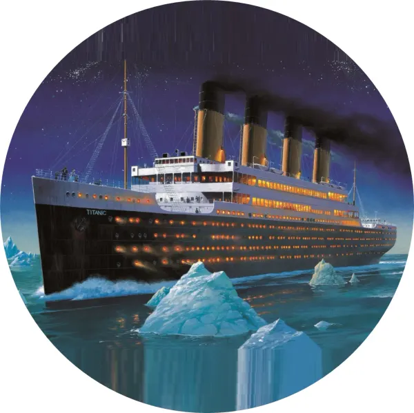Kulatý jedlý obrázek na dort – Titanic (modrá, černá, fialová)