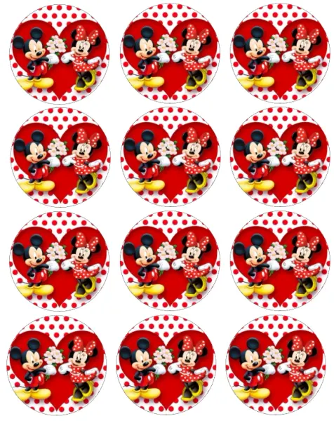 List jedlých koleček na cupcakes – Mickey a Minnie, Mickey s kyticí a srdce (červená, černá, bílá)