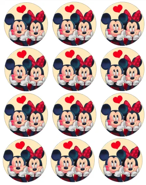List jedlých koleček na cupcakes – Mickey a Minnie, pohled do očí a srdíčko (červená, černá, bílá)