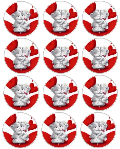 List jedlých koleček na cupcakes – Láska, Objímající se šedí medvídci (červená, šedá, bílá)