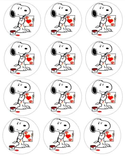 List jedlých koleček na cupcakes – Zamilovaný Snoopy (bílá, černá, červená)