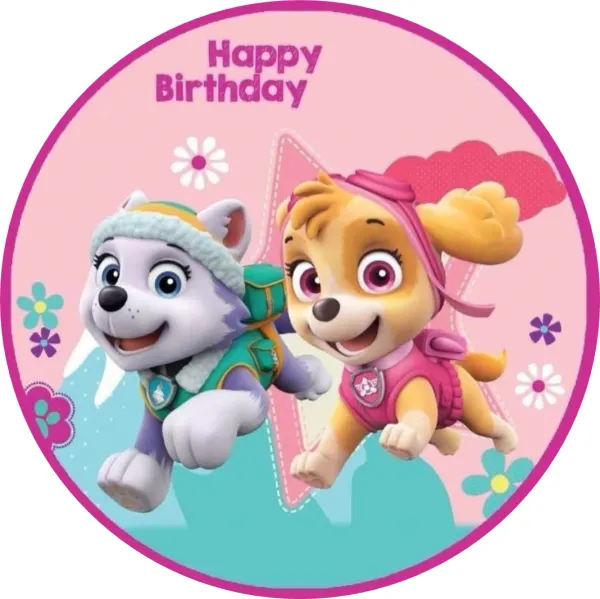 Kulatý jedlý obrázek na dort – Tlapková patrola, Skye, Everest, Happy Birthday (růžová, tyrkysová, bílá)