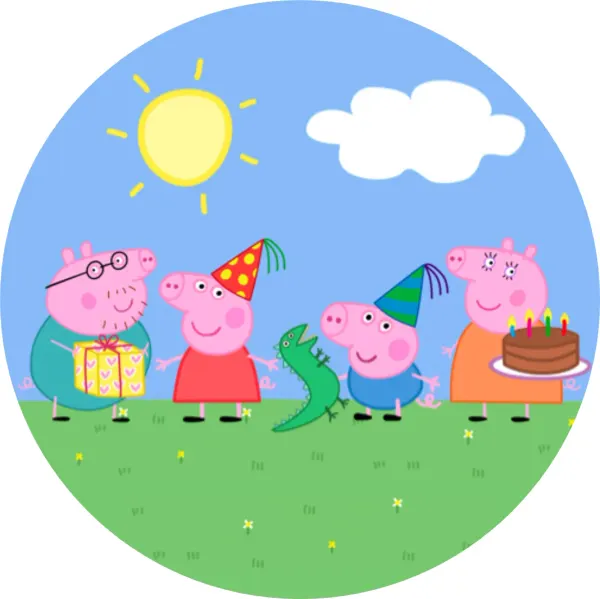 Kulatý jedlý obrázek na dort – Prasátko Peppa, rodinka s dortem a kloboučky (modrá, zelená, růžová)