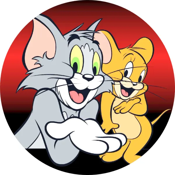Kulatý jedlý obrázek na dort – Tom a Jerry, na červeno-černém pozadí (červená, šedá, žlutá)