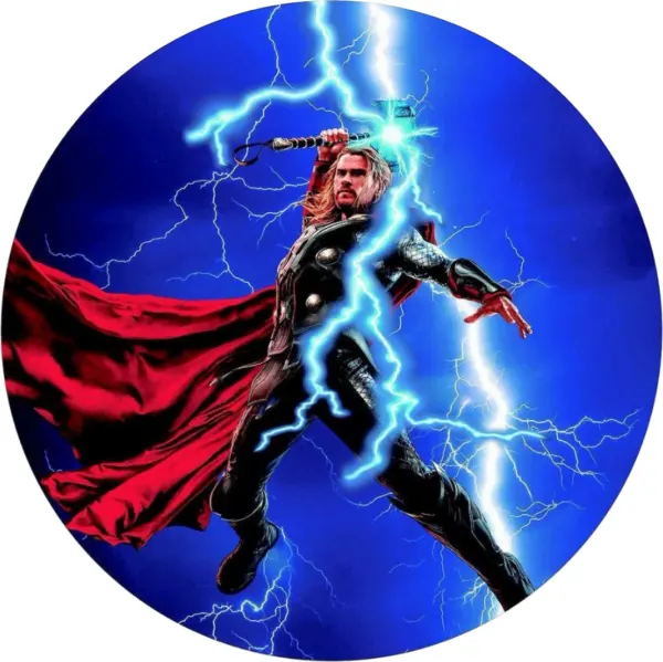 Kulatý jedlý obrázek na dort – Avengers, Thor a modré blesky z kladiva (modrá, červená, černá)