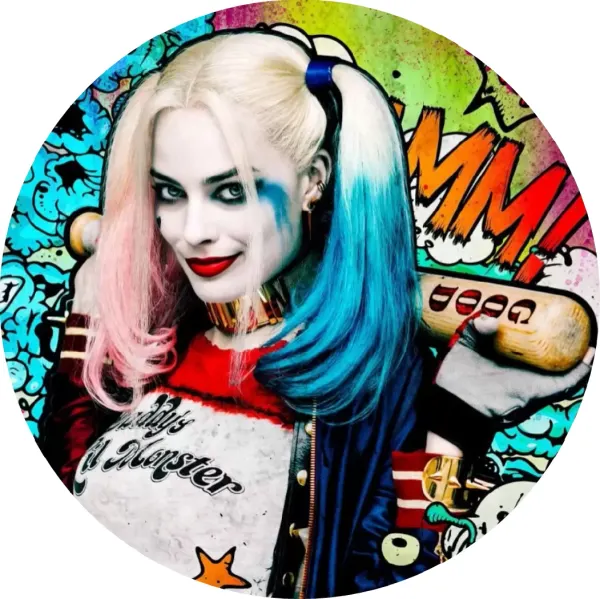 Kulatý jedlý obrázek na dort – Harley Quinn, s pálkou a graffiti nápisem (modrá, červená, černá)