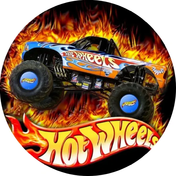Kulatý jedlý obrázek na dort – Hot Wheels, Modrý monster truck v plamenech (červená, žlutá, modrá)