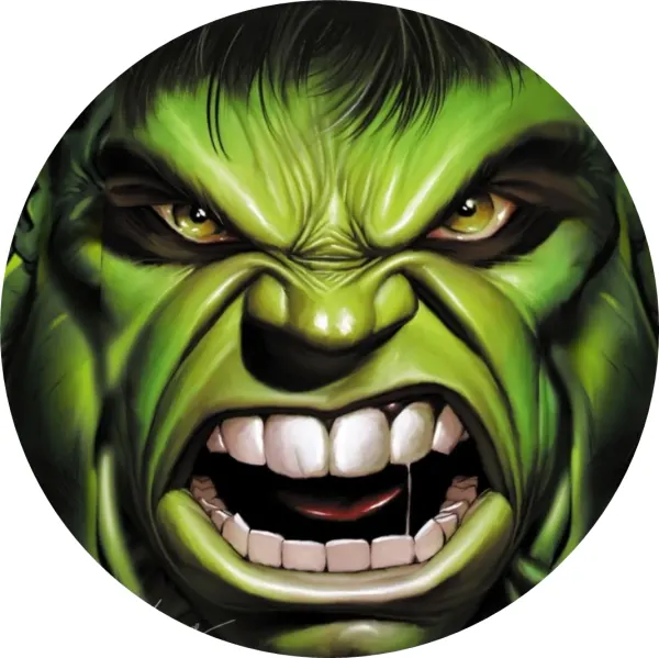 Kulatý jedlý obrázek na dort – Hulk, detailní tvář se zaťatými zuby (zelená, černá, bílá)