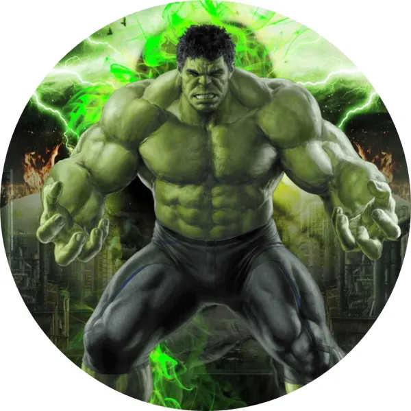 Kulatý jedlý obrázek na dort – Hulk, zelené blesky a hořící město (zelená, černá, šedá)