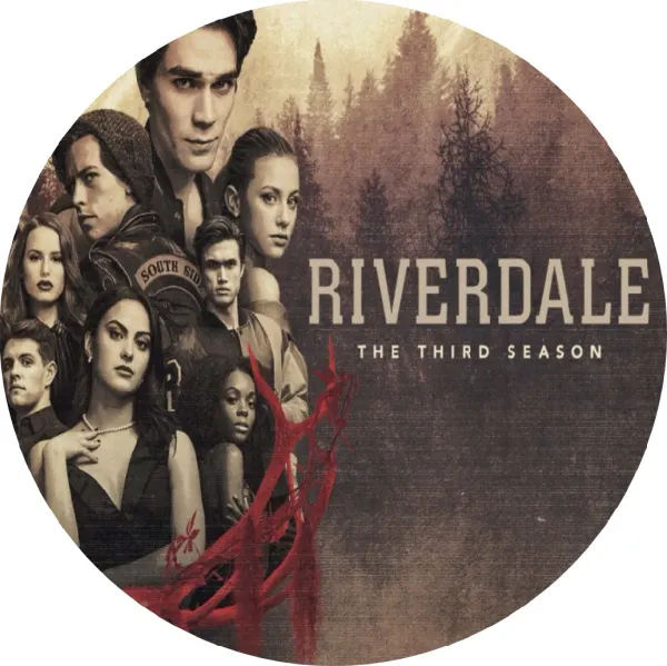 Kulatý jedlý obrázek na dort – Riverdale, parta v mlžném lese, červený akcent (hnědá, černá, červená)