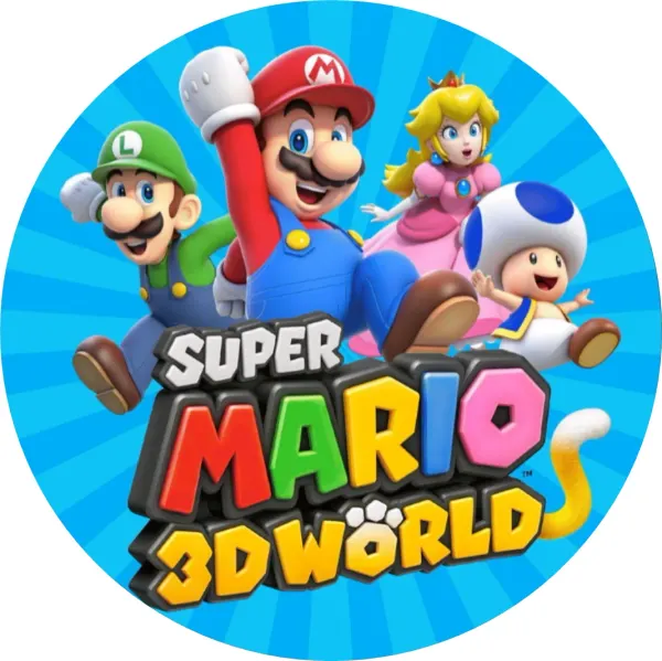 Kulatý jedlý obrázek na dort – Super Mario, skákající hrdinové na modrém pozadí (modrá, červená, zelená)