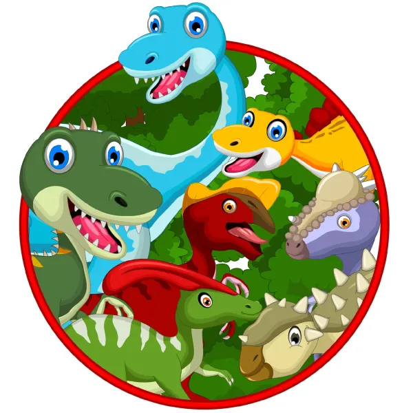 Kulatý jedlý obrázek na dort – Dinosauři, v červeném kruhovém rámečku (zelená, modrá, červená)