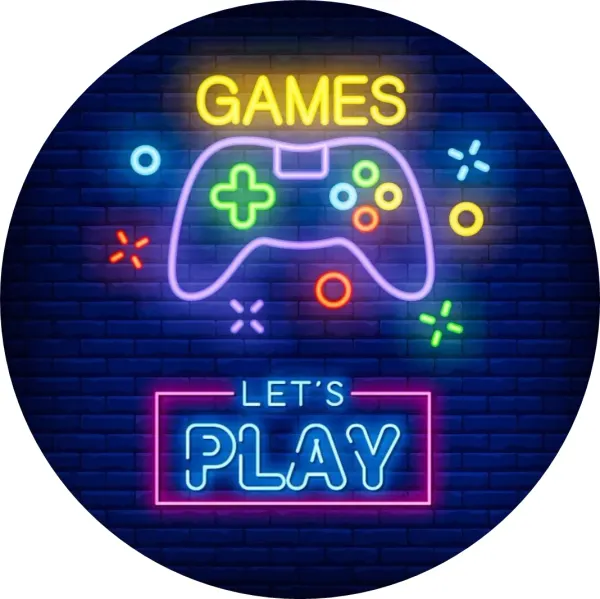 Kulatý jedlý obrázek na dort – Games, Play (modrá, fialová, černá)
