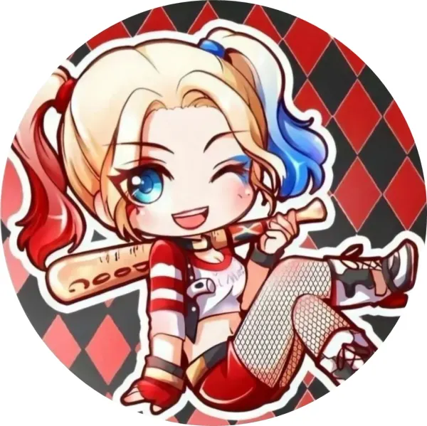 Kulatý jedlý obrázek na dort – Harley Quinn, mrkající chibi na kosočtvercích (červená, černá, modrá)