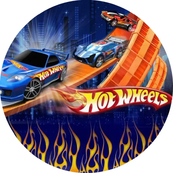Kulatý jedlý obrázek na dort – Hot Wheels, Auta na dráze u nočního města (modrá, žlutá, červená)