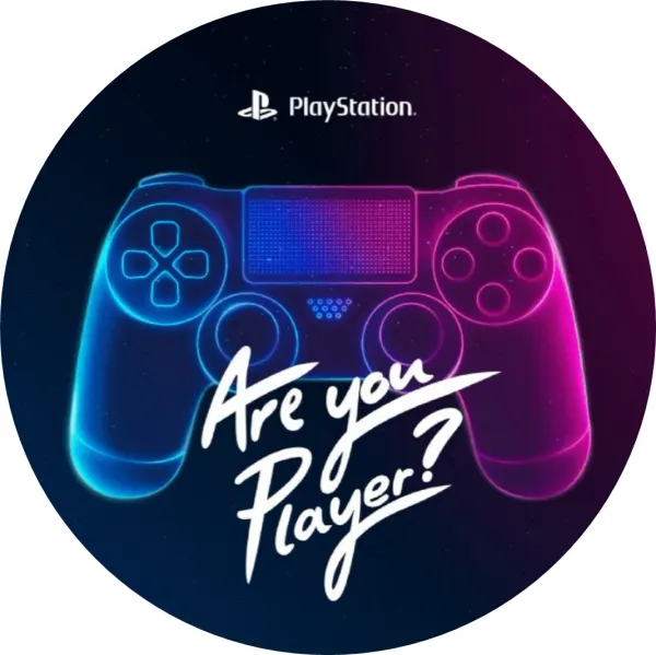 Kulatý jedlý obrázek na dort – PlayStation, Player (černá, modrá, fialová)