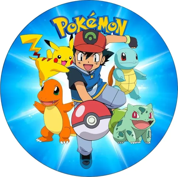 Kulatý jedlý obrázek na dort – Pokémon, Ash s pokéballem a startéři (modrá, červená, žlutá)