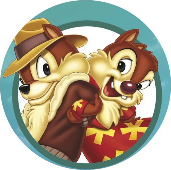Kulatý jedlý obrázek na dort – Rychlá rota, Chip a Dale, modrozelené pozadí (hnědá, červená, tyrkysová)