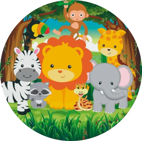Kulatý jedlý obrázek na dort – Safari, zvířátka v džungli s mývalem (zelená, žlutá, hnědá)