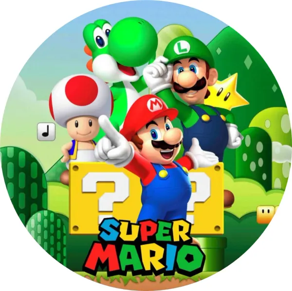 Kulatý jedlý obrázek na dort – Super Mario, s Luigim, Yoshim a bloky s otazníky (zelená, červená, modrá)