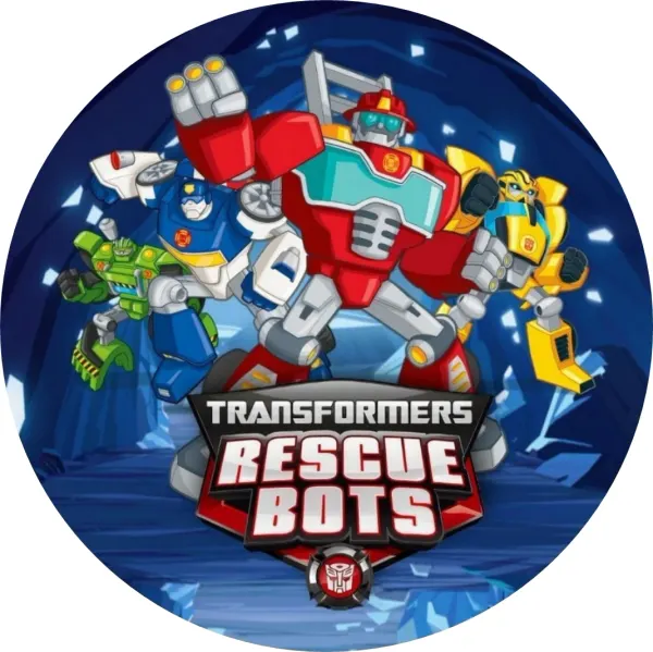 Kulatý jedlý obrázek na dort – Transformers, Rescue Bots tým v modré jeskyni (červená, modrá, žlutá)