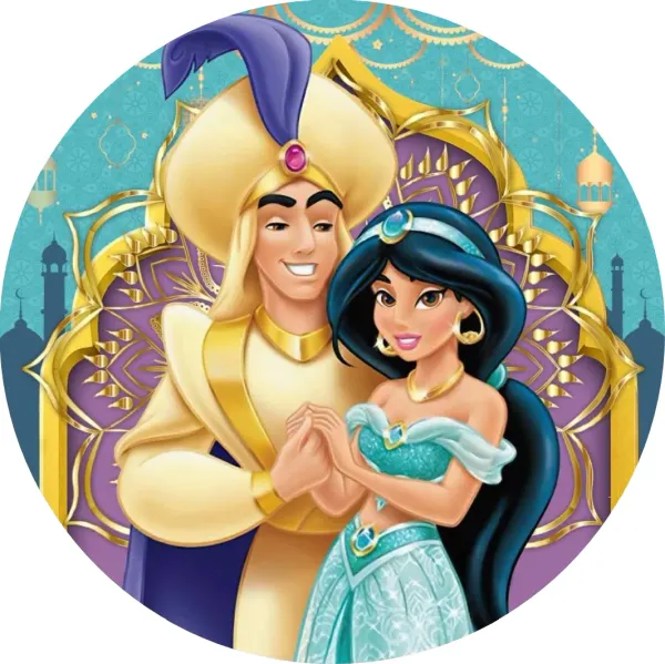 Kulatý jedlý obrázek na dort – Aladin, princezna Jasmína (tyrkysová, fialová, zlatá)