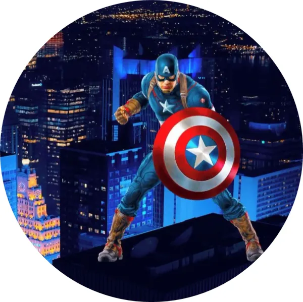 Kulatý jedlý obrázek na dort – Avengers, Kapitán Amerika před mrakodrapy (modrá, červená, černá)