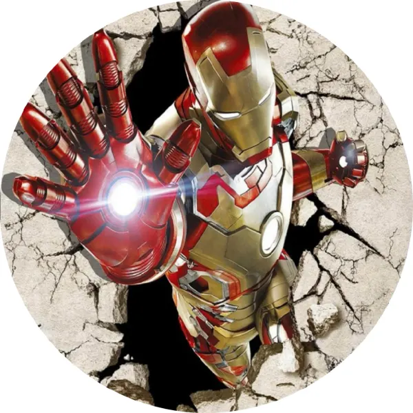 Kulatý jedlý obrázek na dort – Avengers, Iron Man vystupující ze zdi (červená, zlatá, šedá)