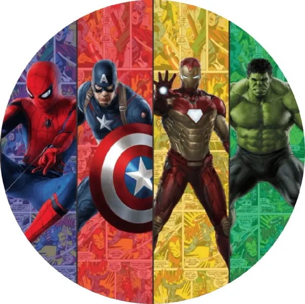 Kulatý jedlý obrázek na dort – Avengers, 4 hrdinové v barevných pruzích (červená, modrá, zelená)