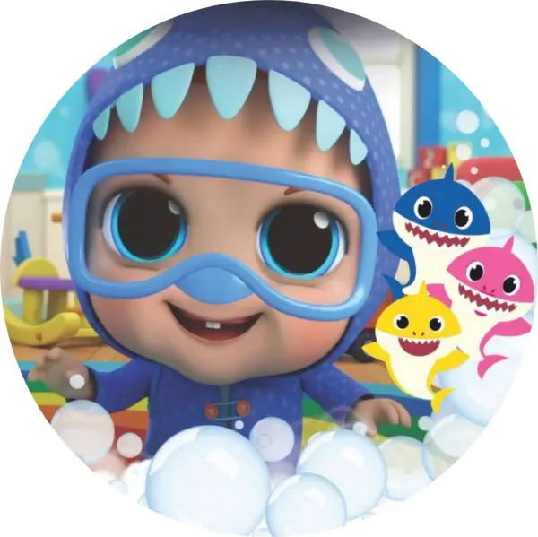 Kulatý jedlý obrázek na dort – Baby Shark, miminko v kapuci žraloka (modrá, bílá, žlutá)