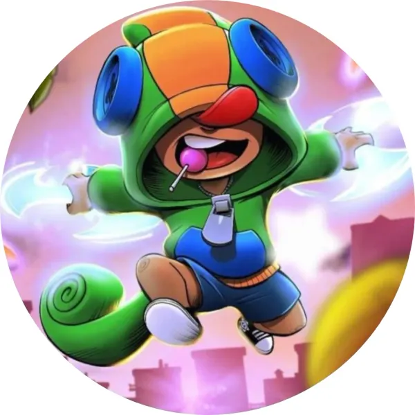 Kulatý jedlý obrázek na dort – Brawl Stars, skákající Leon s lízátkem (zelená, růžová, modrá)