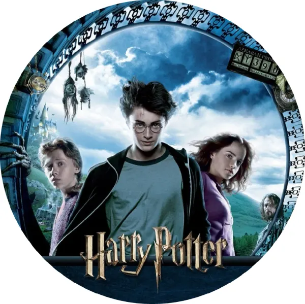 Kulatý jedlý obrázek na dort – Harry Potter 3, trio a Azkaban s logem (modrá, šedá, černá)
