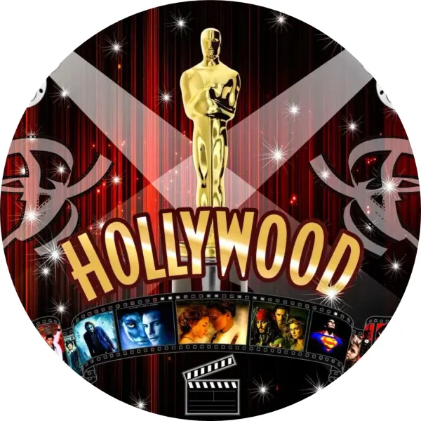 Kulatý jedlý obrázek na dort – Hollywood, filmový Oskar (červená, zlatá, černá)